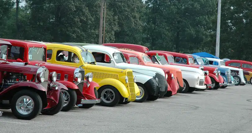 Classic car lineup after restoration and detailing service for fire, flood, and storm damage