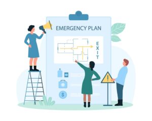 A cartoon image of several people examining and discussing an oversized emergency exit plan