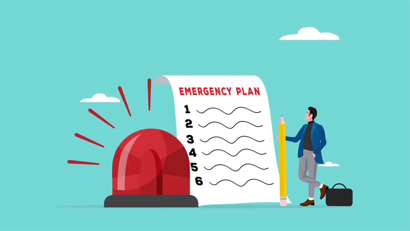 business emergency restoration plan with businessman holding pencil standing next to siren and emergency plan list paper, emergency action plan, emergency action plan when business disaster occurs