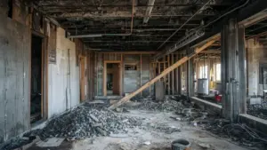 Fire and water damage restoration site in Round Lake showing smoke and fire damage, debris cleanup, emergency water clean-up, and mold remediation services by restoration company near Saratoga County.