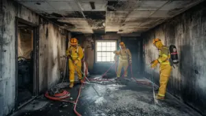Fire damage restoration team cleaning a heavily burned room in Round Lake