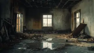 Fire and smoke damage inside a burned residential room in Round Lake