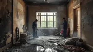 Fire damage restoration crew cleaning a smoke-damaged room in Round Lake