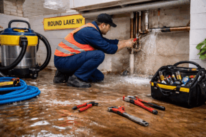 Technician repairing a broken water pipe to prevent basement water damage in Round Lake, NY