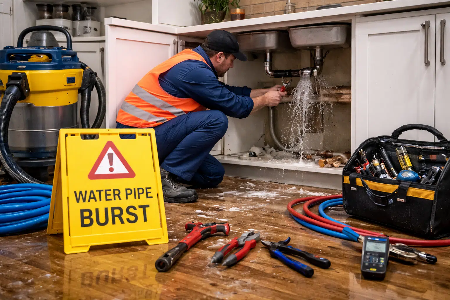 Plumber repairing a burst water pipe under a sink to stop emergency water damage