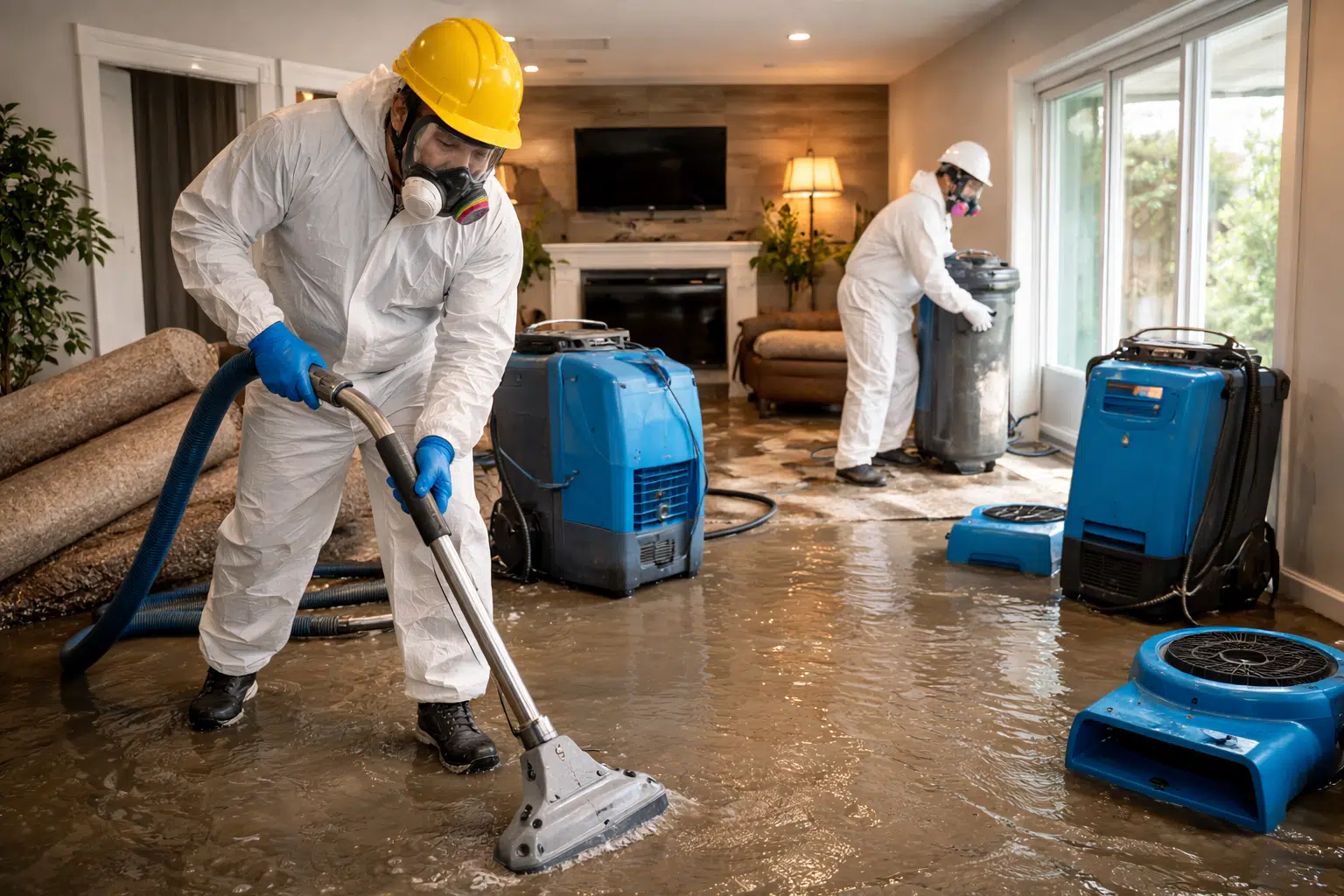 Professional flood clean-up team extracting standing water and drying a flooded home using industrial equipment