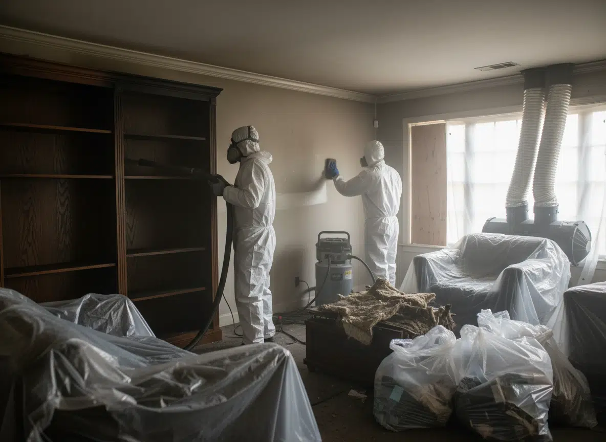 a person standing in a room with clothes on a bed