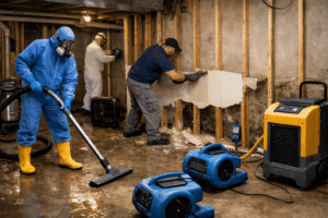 Professional basement flood cleanup with water extraction, drying equipment, and mold prevention