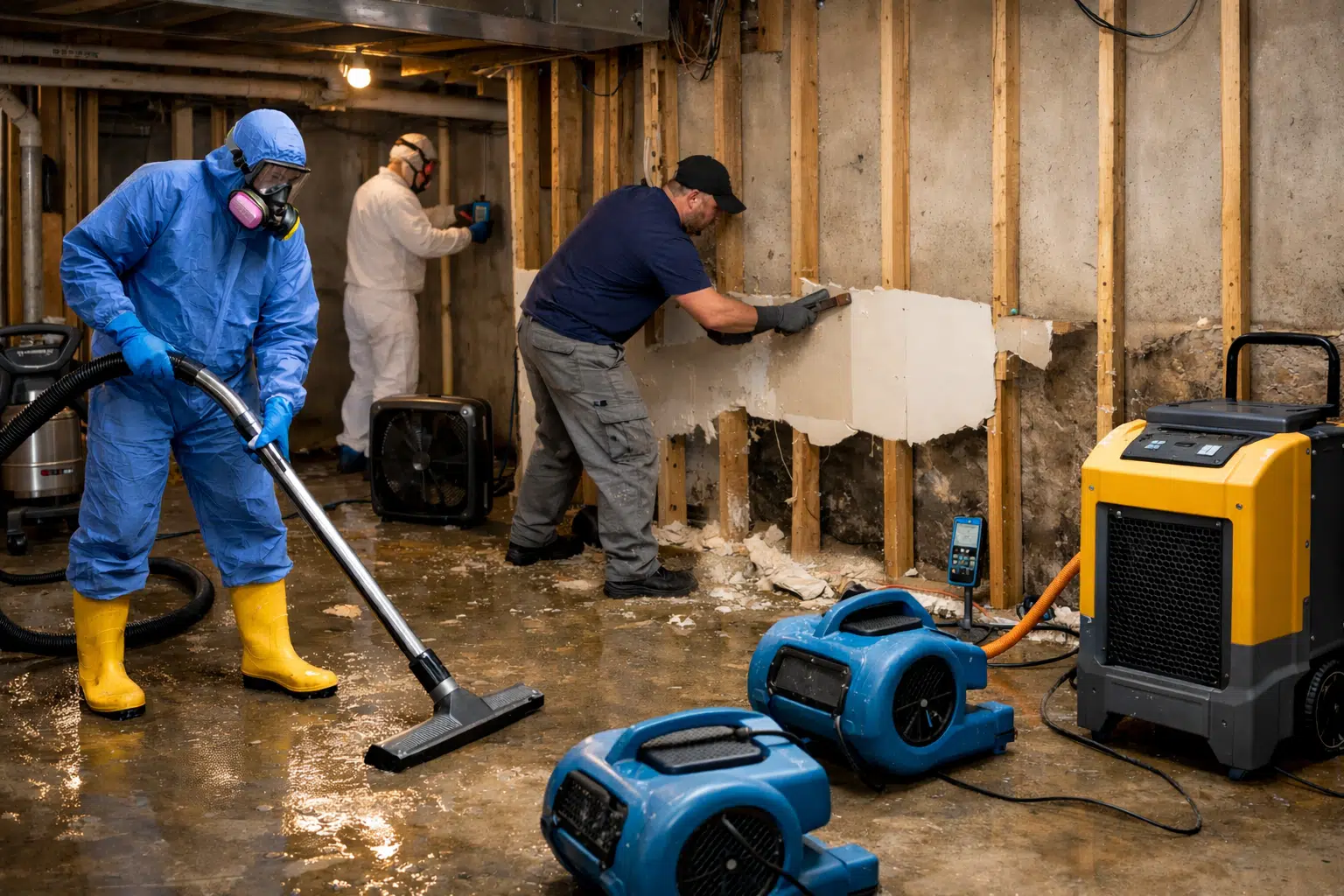 Professional basement flood cleanup with water extraction, drying equipment, and mold prevention