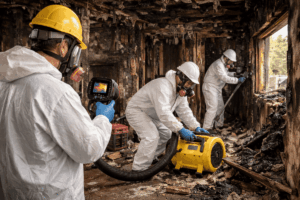 Fire damage restoration professionals safely cleaning and restoring a burned home interior after a fire emergency
