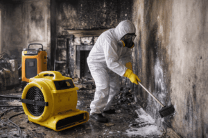 Professional smoke damage cleanup removing soot and residue after a house fire