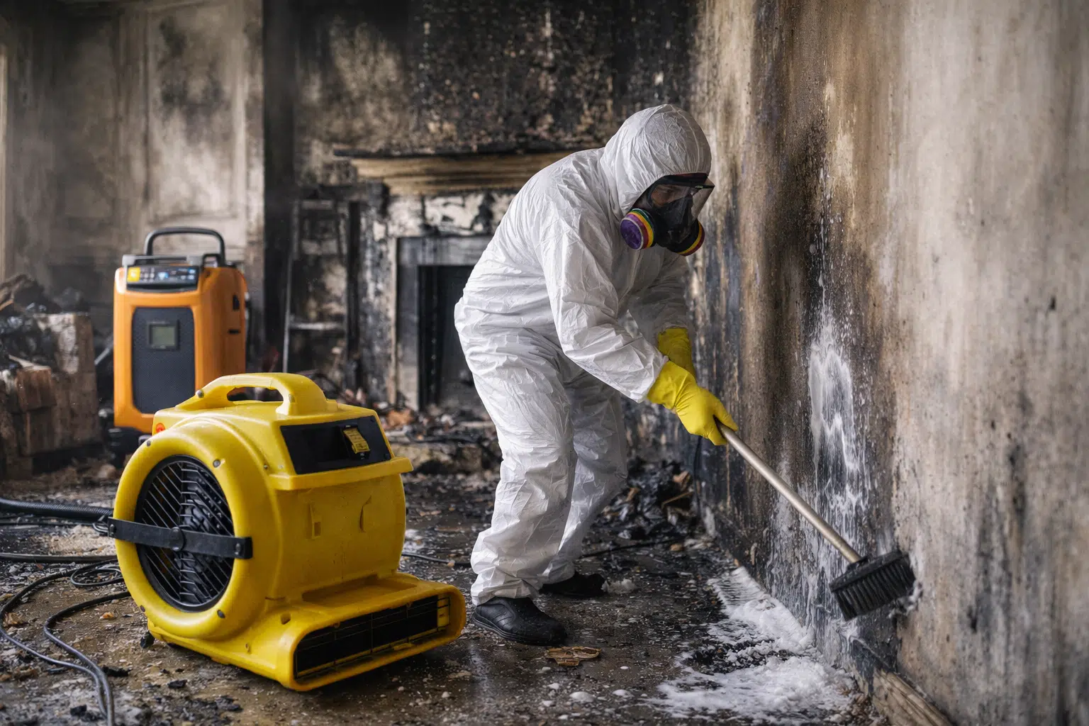 Professional smoke damage cleanup removing soot and residue after a house fire