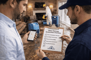 Homeowner reviewing a water damage restoration checklist with a professional while flood drying equipment operates in a damaged living room