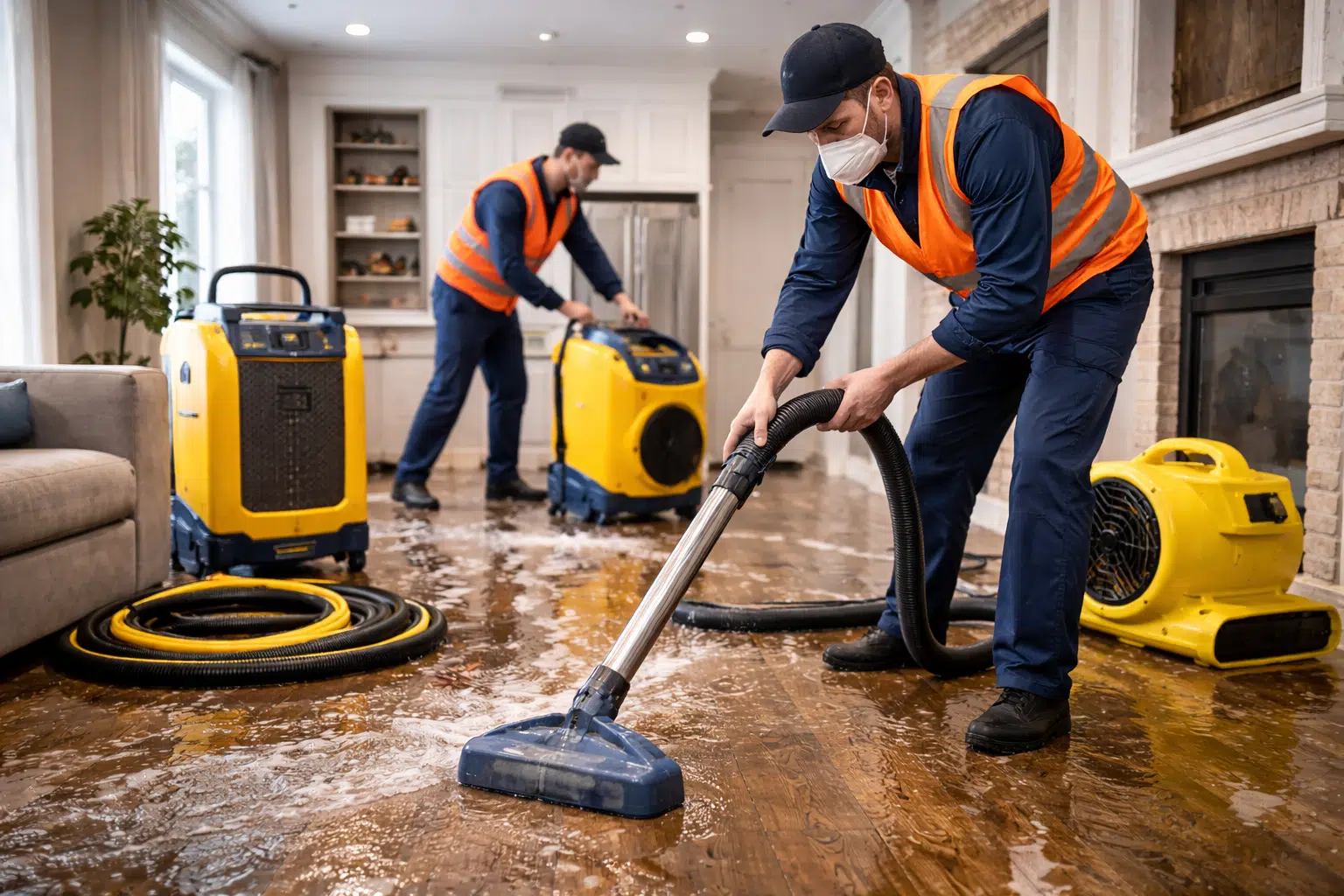 Professional water damage restoration technicians extracting water and drying a flooded home