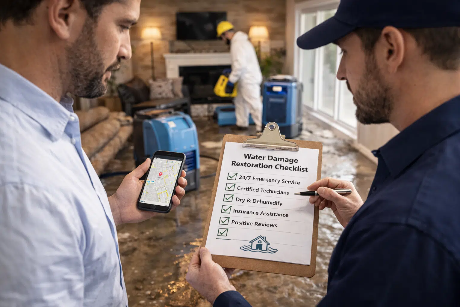 Homeowner reviewing a water damage restoration checklist with a professional while flood drying equipment operates in a damaged living room
