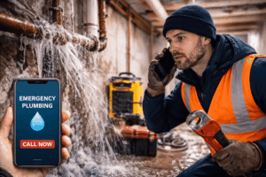 Emergency plumber repairing a burst pipe during freezing temperatures to stop water damage