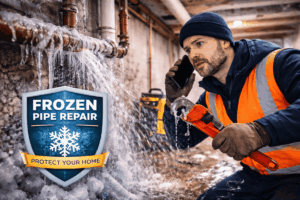 Professional plumber repairing frozen pipes in winter to prevent burst pipes and water damage