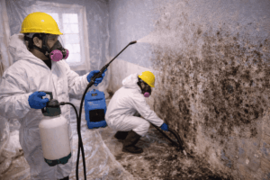Mold remediation professionals removing mold and treating contaminated walls inside a Saratoga County home