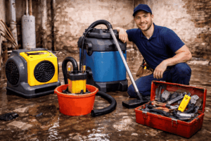 Technician using professional tools for basement flood recovery after water damage