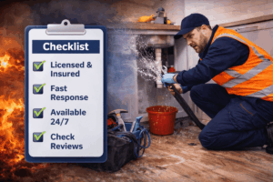 Emergency burst pipe repair service with plumber using a checklist to ensure fast and reliable response