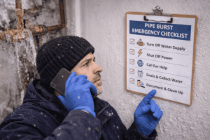 Homeowner following an emergency checklist while dealing with a burst pipe during winter to prevent water damage