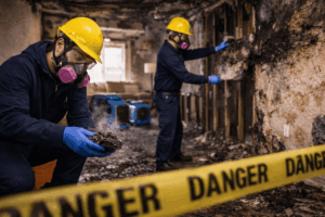 Fire and smoke damage restoration professionals inspecting and cleaning a severely burned home interior to prevent further structural damage