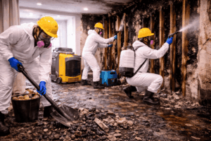 Fire damage restoration professionals removing debris and cleaning charred walls inside a severely fire-damaged home