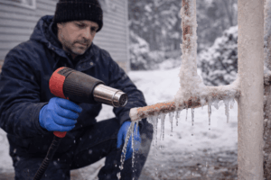 Plumber repairing frozen pipes in winter to prevent burst pipes and water damage