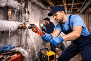 Professional plumbers repairing burst frozen pipes in a residential basement during winter