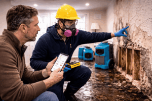 Homeowner consulting with a water damage restoration technician while reviewing service ratings and inspecting severe water damage inside a home