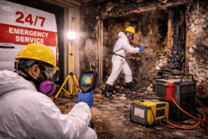 Fire damage restoration technicians working overnight inside a severely burned property in Mechanicville using thermal imaging and professional equipment