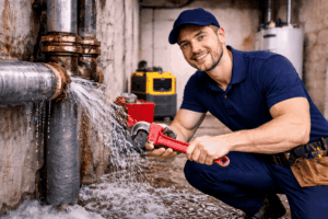 Professional technician repairing a broken water pipe in a residential basement