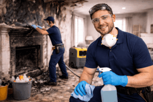Professional technicians performing smoke damage cleanup inside a fire-affected home