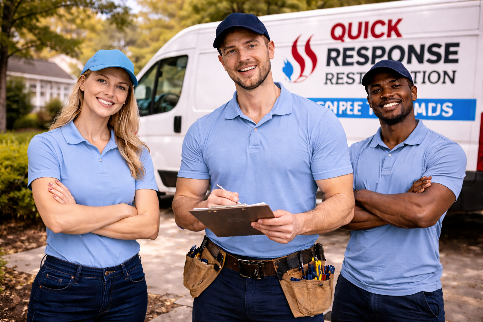 Professional restoration team standing outside service vehicle in New York