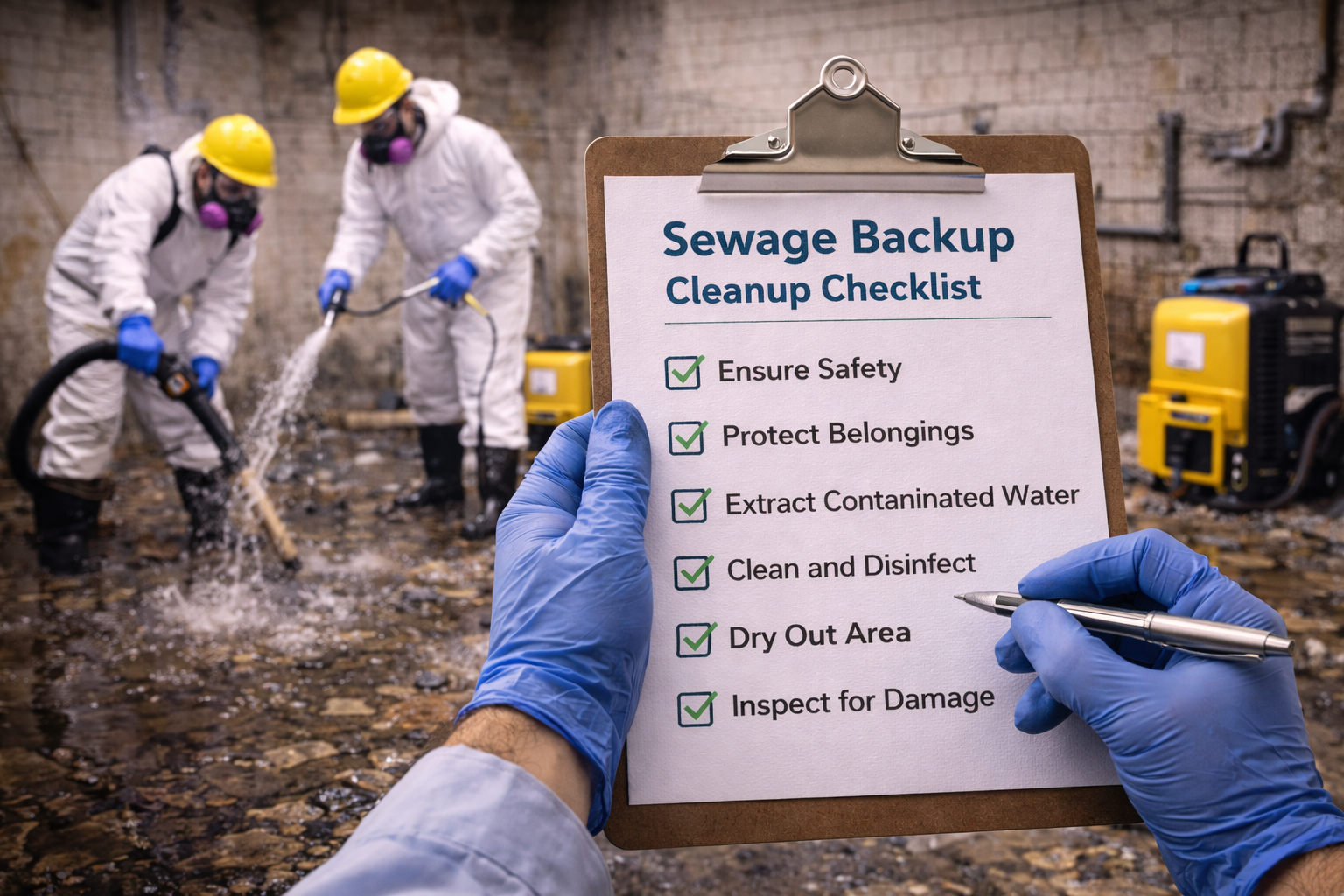 Professional sewage backup cleanup team extracting contaminated water while reviewing a detailed cleanup checklist for safe recovery