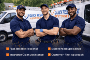 Quick Response Restoration technicians standing in front of branded service van offering emergency restoration services