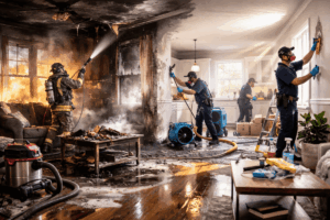 Restoration professionals performing smoke damage cleanup and soot removal inside a fire-damaged home to restore safe living conditions