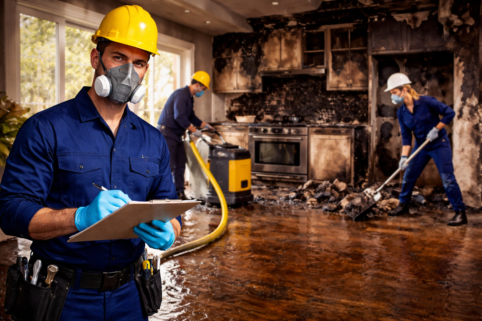 generate the image alt tag and title tag Image created • Restoration team working on fire damage generate the image alt tag and title tag Alt Tag: Technicians performing fire and water damage restoration by removing debris and extracting water inside a damaged home