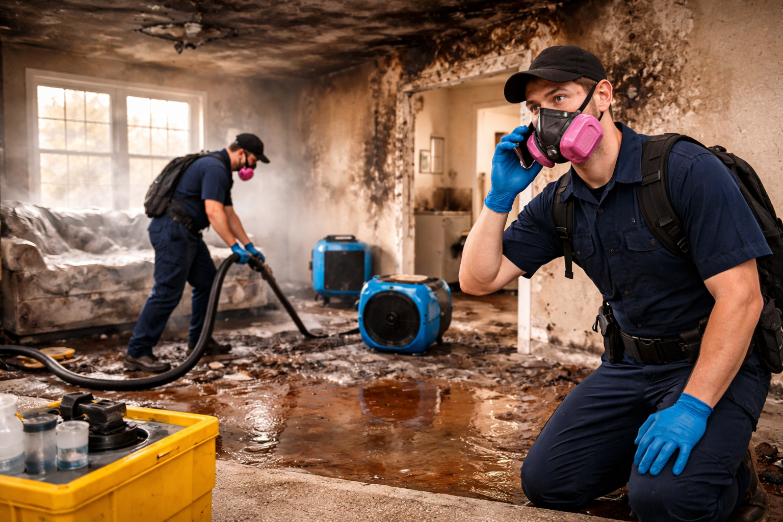Fire damage restoration professionals taking quick action to clean debris and assess damage inside a smoke-damaged home