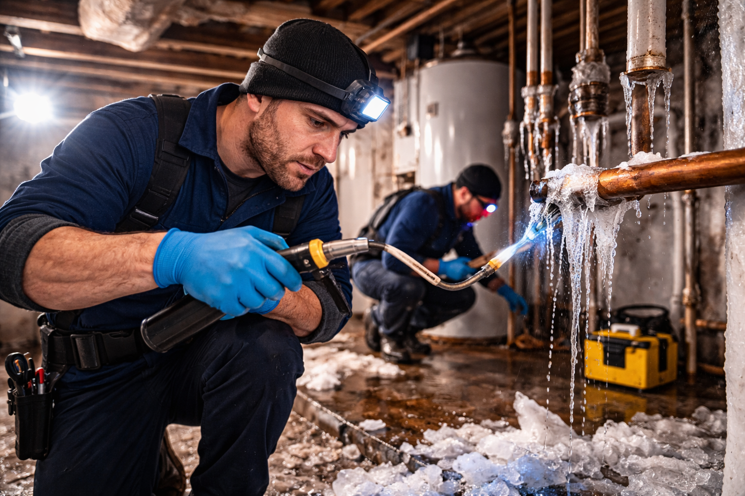 Professional plumbers repairing frozen pipes in a Saratoga County basement using thawing equipment to prevent water damage