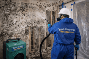 Quick Response Restoration technician in blue protective suit performing professional mold remediation and wall cleaning