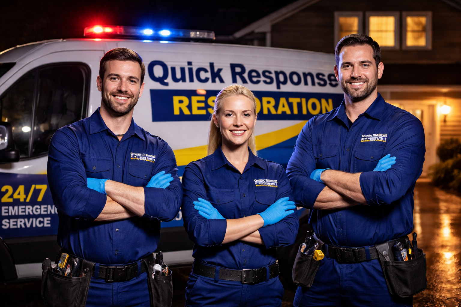 Quick Response Restoration team providing 24/7 emergency restoration services standing in front of branded service vehicle at night