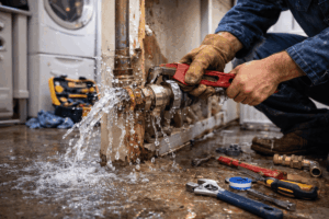 Broken water pipe repair inside a home utility room by a plumber fixing a leaking pipe in Albany County
