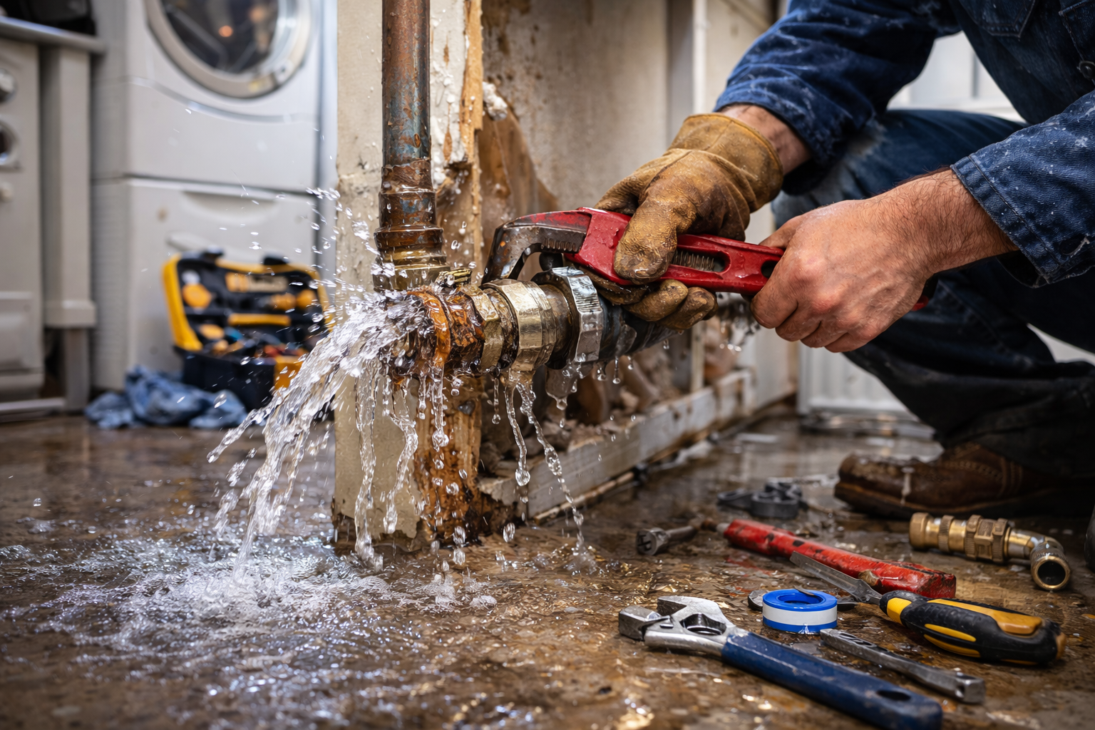 Broken water pipe repair inside a home utility room by a plumber fixing a leaking pipe in Albany County