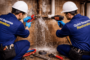 Quick Response Restoration technicians repairing a burst pipe with water leakage using professional tools in a basement