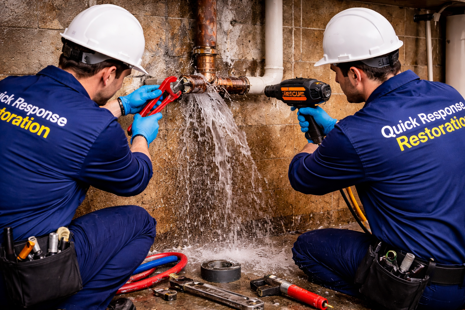 Quick Response Restoration technicians repairing a burst pipe with water leakage using professional tools in a basement