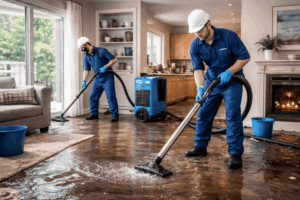 Emergency water clean up technicians in blue restoration uniforms removing flood water from a residential living room in Saratoga County