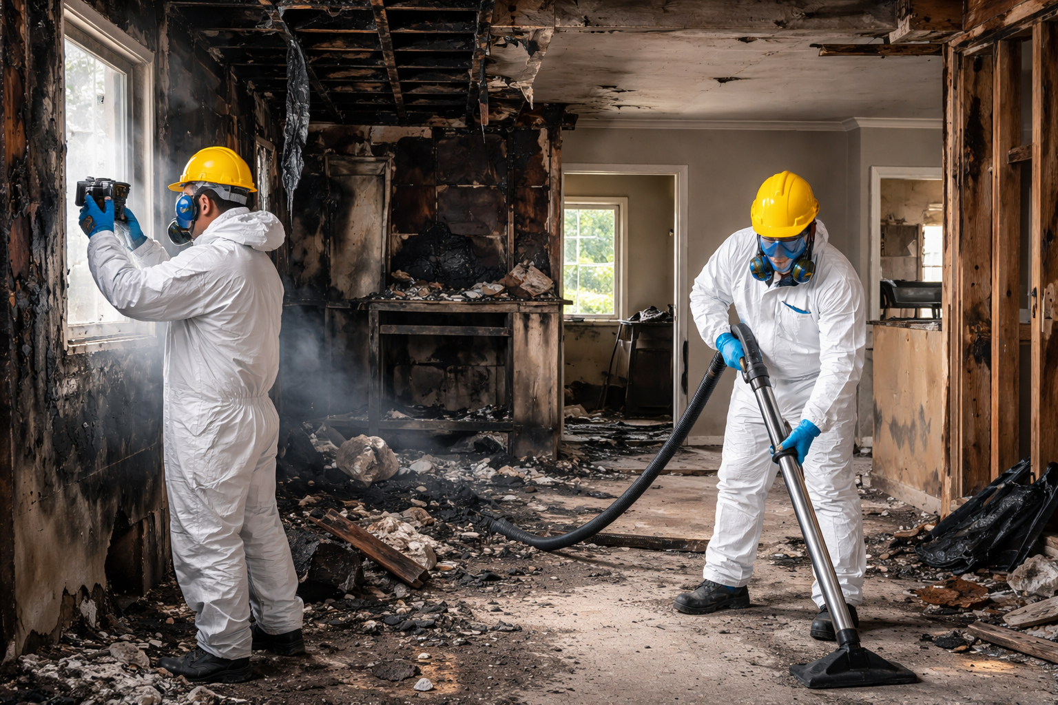 Professional fire and smoke damage repair technicians cleaning soot and inspecting a fire-damaged home interior