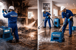 Quick Response Restoration technicians handling fire damage cleanup and water extraction inside a residential property