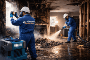 Quick Response Restoration technicians in blue uniforms performing fire damage cleanup and restoration inside a burned home